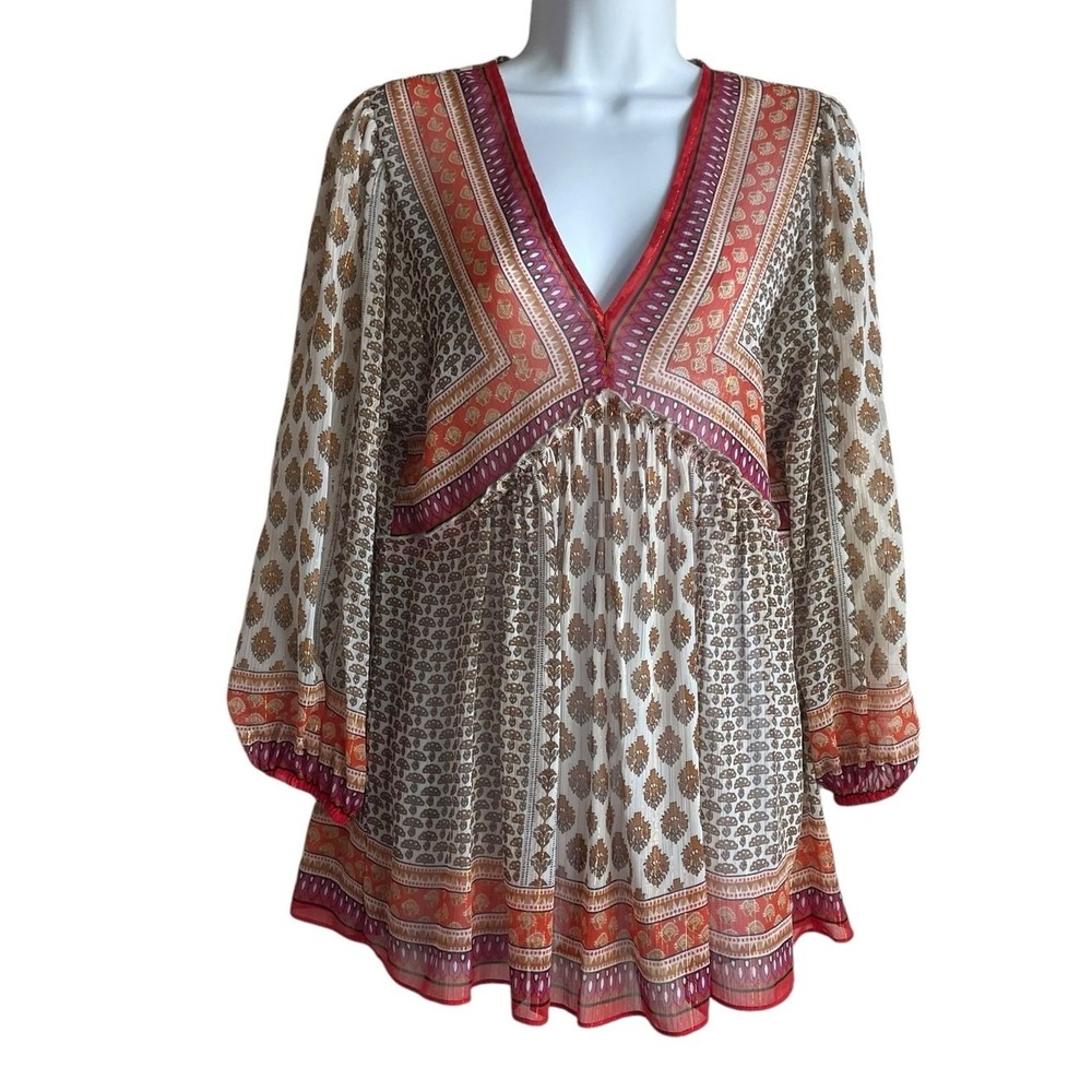 Rose Olive Women Babydoll Tunic S‎ Orange Metallic Boho Indie Festival Peasant